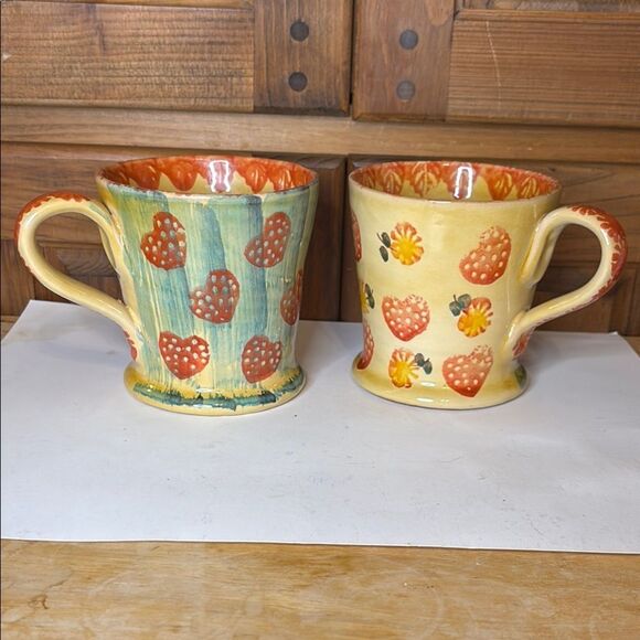Vintage Italica ARS Handcrafted Strawberry and Floral Pattern Mugs - Set of 2 - Picture 1 of 11